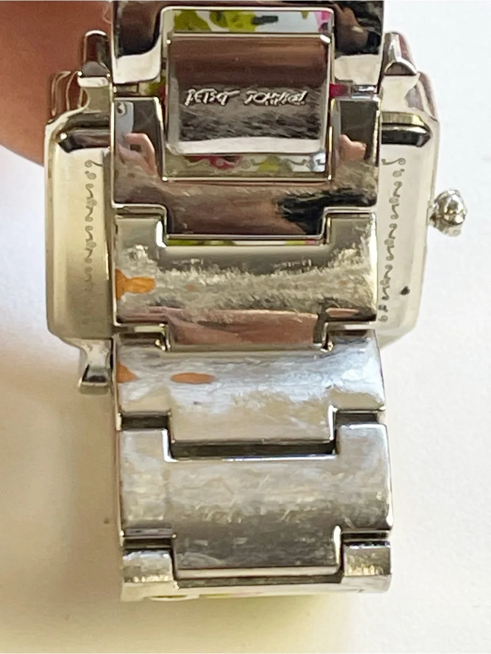 Y2K Betsey Johnson rosebud floral watch with a square hot-pink textured dial